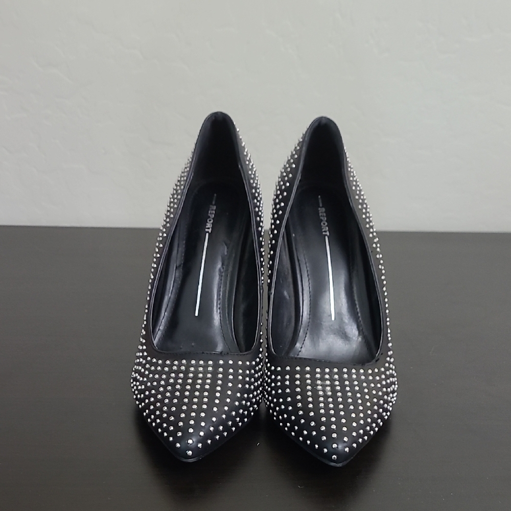 Report Jill Elegant Black Silver Studded Pumps Point Toe Shoe Size 10